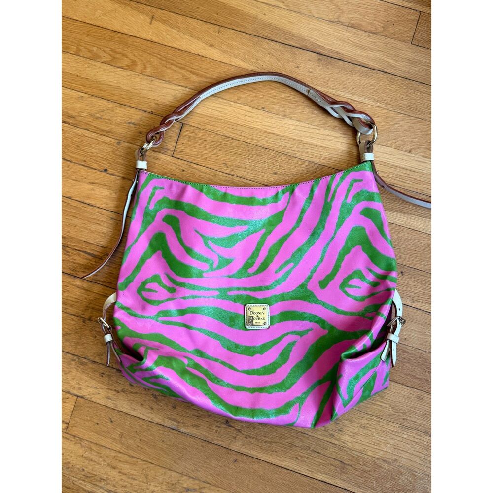 Dooney & Bourke Pink Green Zebra Print Shoulder Bag Hobo Purse Leather Trim